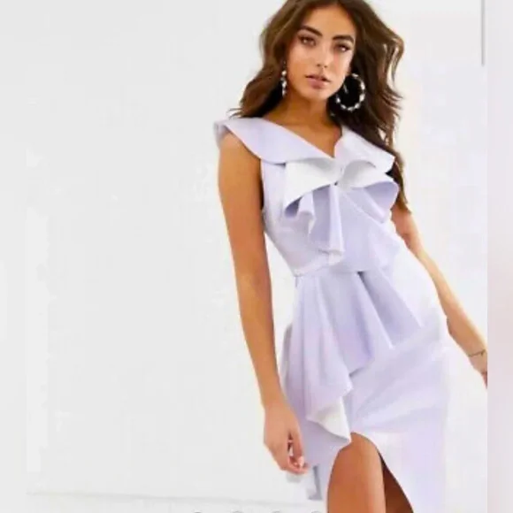 ASOS DESIGN plunge ruffle midi dress with waterfall skirt Cosmic sky, Size US 4 - Picture 1 of 7
